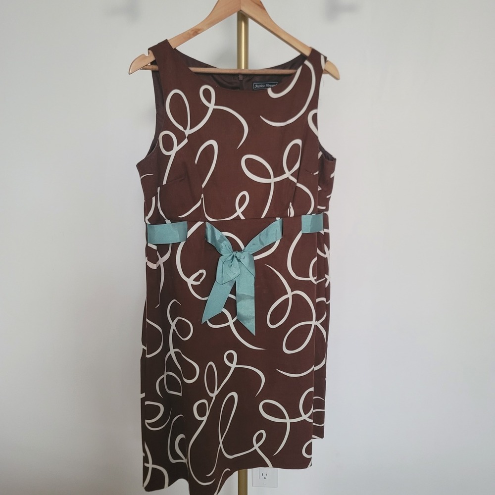 Jessica Howard Brown Swirl Print Sheath Dress Teal Ribbon Sash Size 14